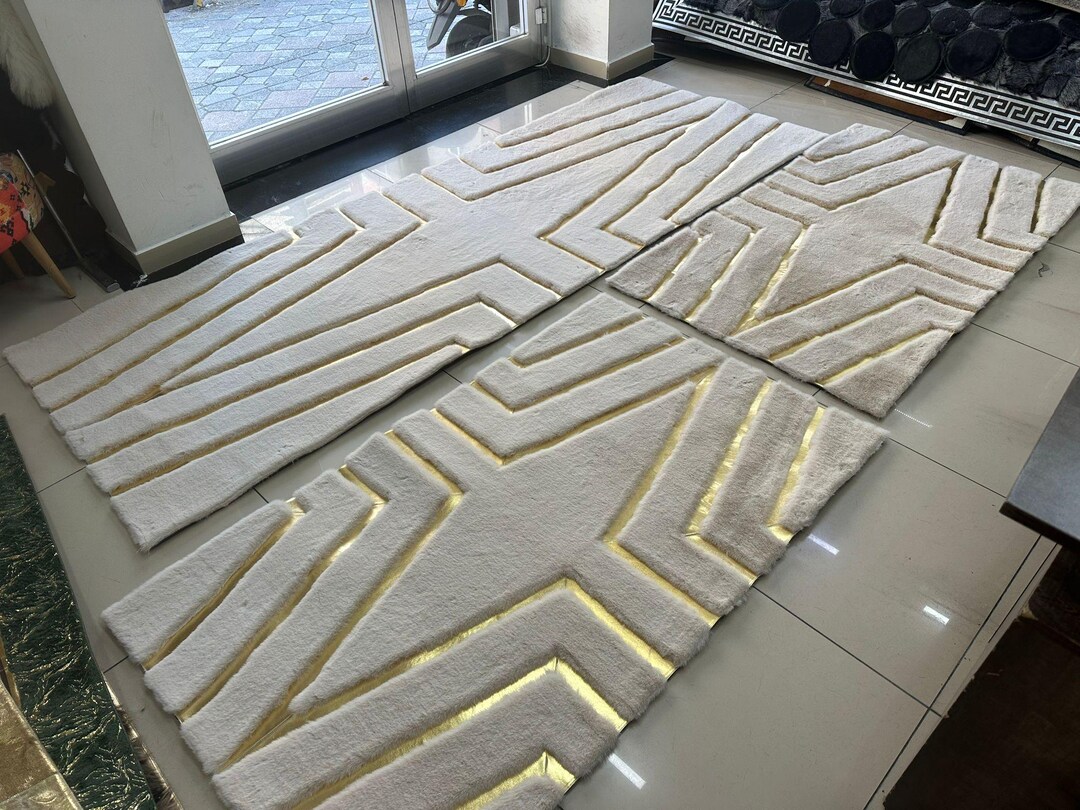 Custom High Quality Geometric Plush Area Beige Gold Rug, Faux Fur Living Room Fluffy Rug ...