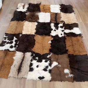Patchwork Brown Fur Decorative Fluffy 6x8 Soft Rug, Modern Designer Shaggy Geometric Rug, Outdoor Indoor Home Decor Brown Wool Shag Rug