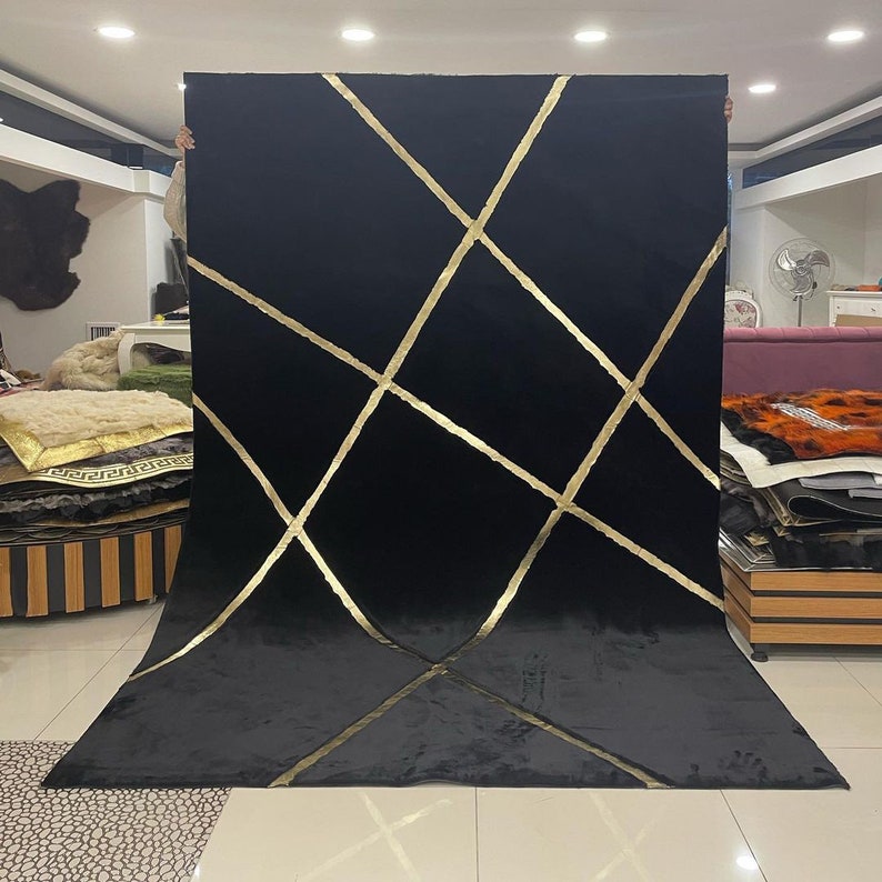 Geometric Plush Area Rug, Faux Leather Rug, Living Room Rug Large