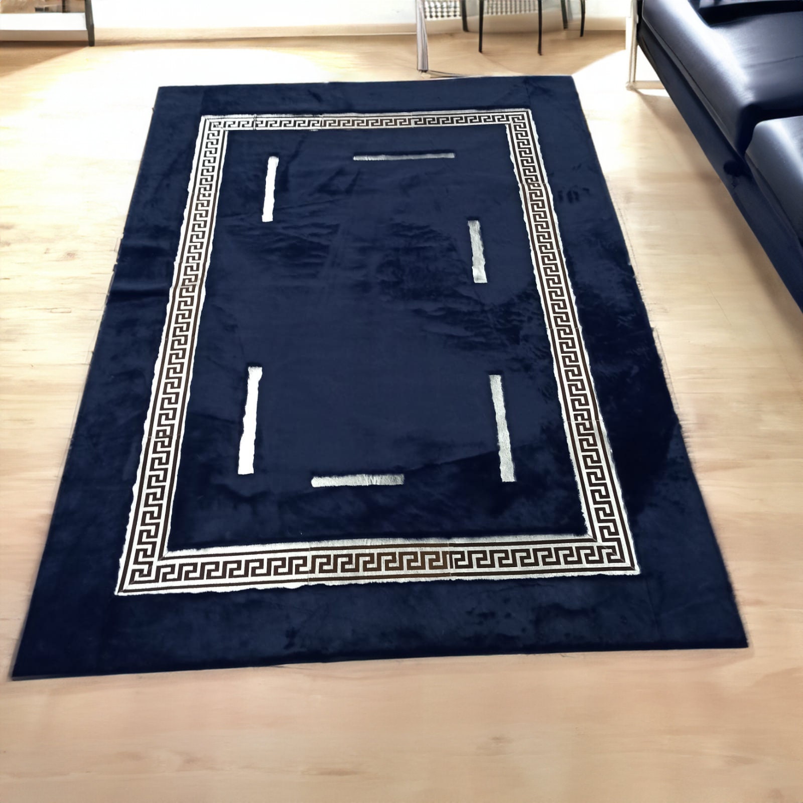Faux Fur Modern Area Plush 8x10 Rug Large Living Room Navy Blue and
