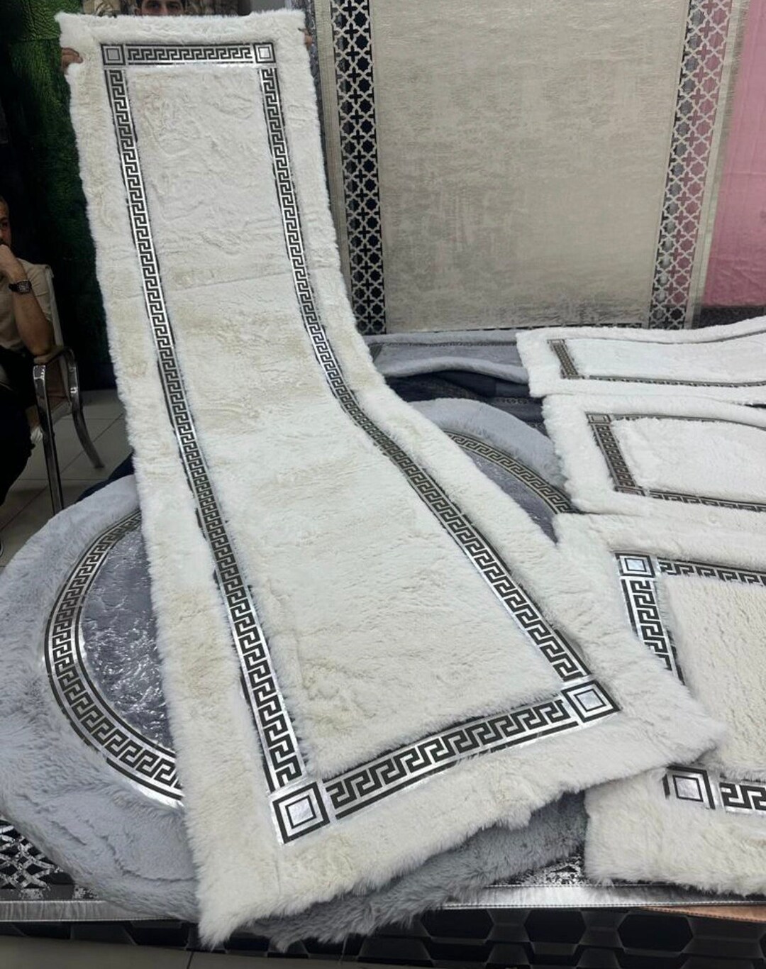 Silver Plush Rug Runner White Silver Plush Rug, Luxury Faux Leather Hallway Rug, Living ...