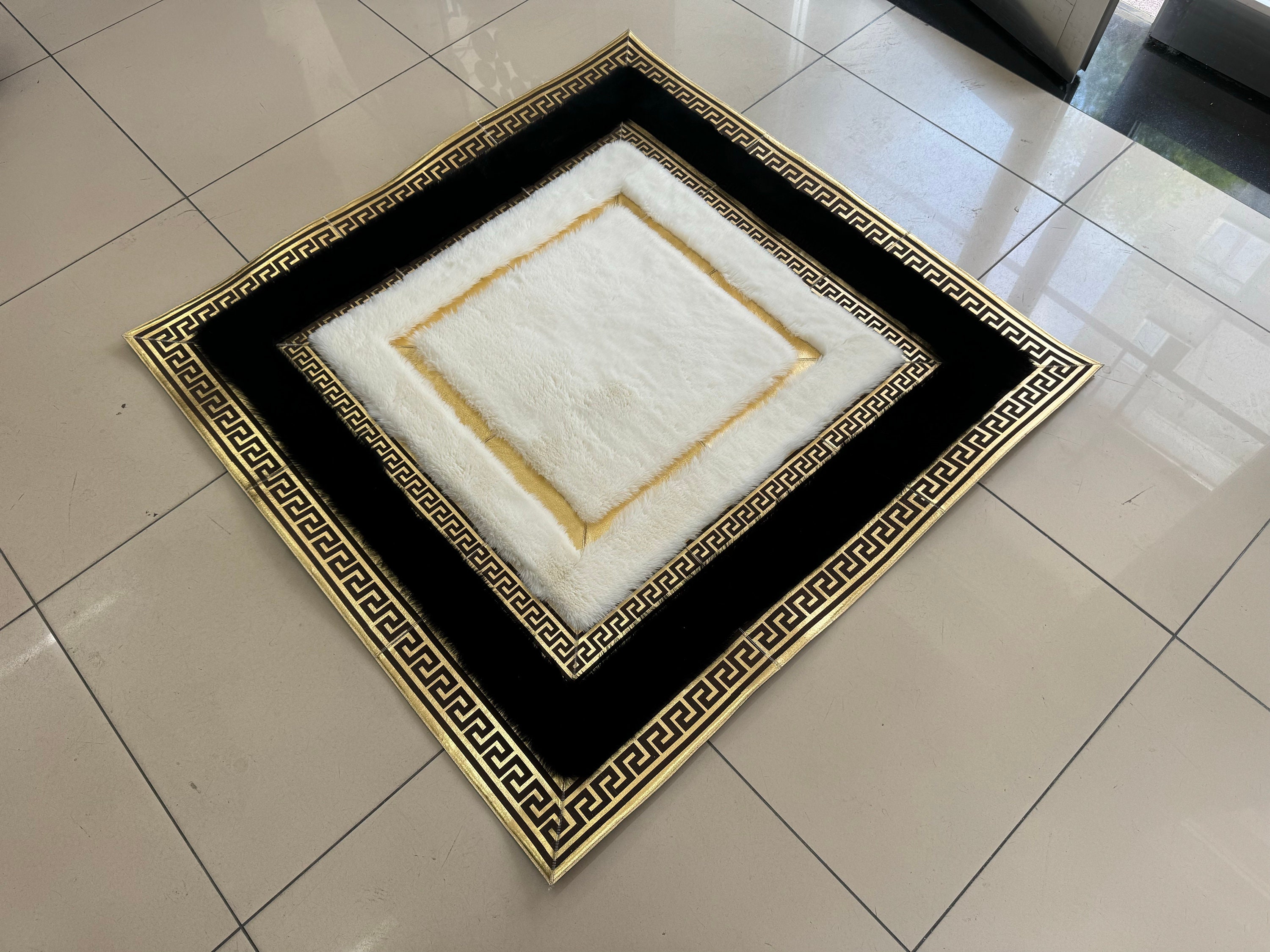 Luxury White Gold Ultra Soft Plush Modern Geometric Custom Rug, Faux ...