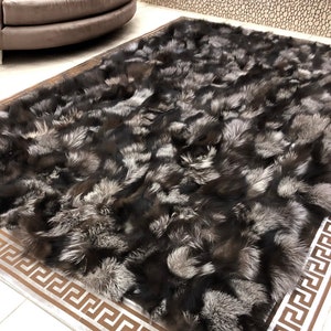 Fluffy Fox Fur Wool Throw Shag Rug, Shaggy Modern Area Rug, Square Fur Leather Rug, Luxury Office Carpet, Throw Blanket Soft Non-Slip Rug