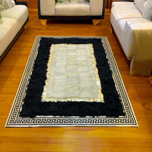 Home Decor Luxury Black Gold Large SheepSkin Area Rug 6 X 8, Unique Sheepskin Rug for Bedroom, Soft Shaggy Black Area Rug for Living Room