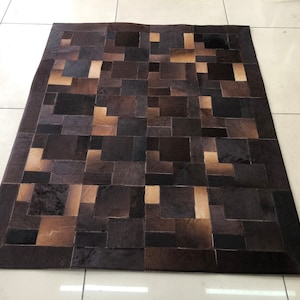 High Quality Genuine Cowhide Leather Rug, Cowhide Floor Square Rug, Hair on Hide Large Area Home Decor Rug, Patchwork Brown Unique 5x8 Rug