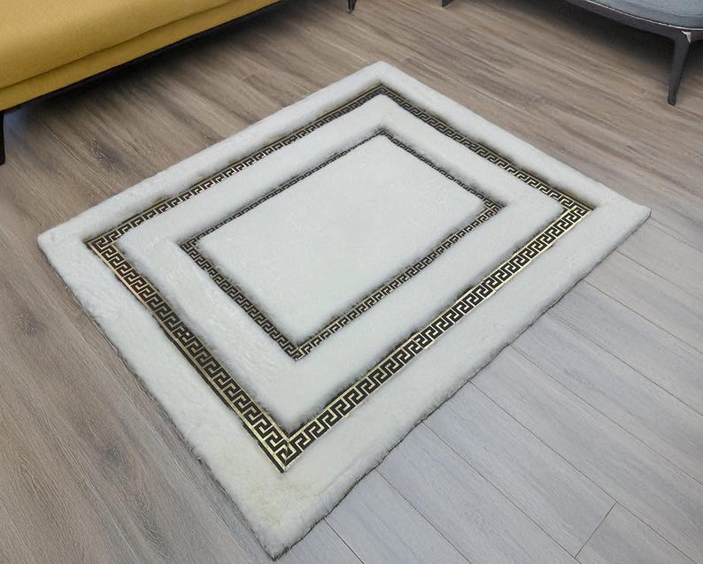 Plush Geometric Area Faux Fur White Gold Rug, Living Room Rug Large