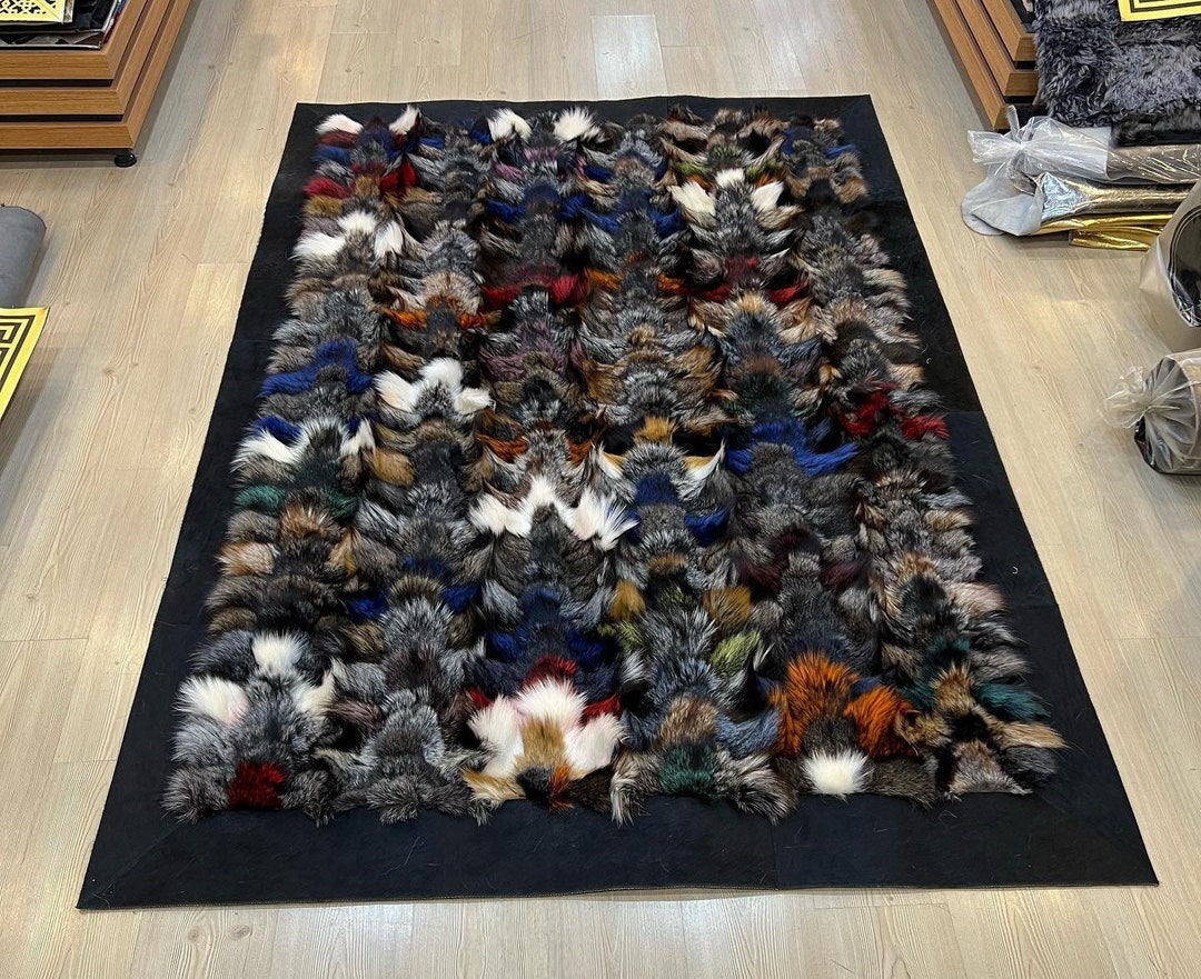 Texture Fox Hunt Rug Colorful Wool Fox Fur Throw Shag Rug, Fluffy Modern Area Rug, Real Fur ...