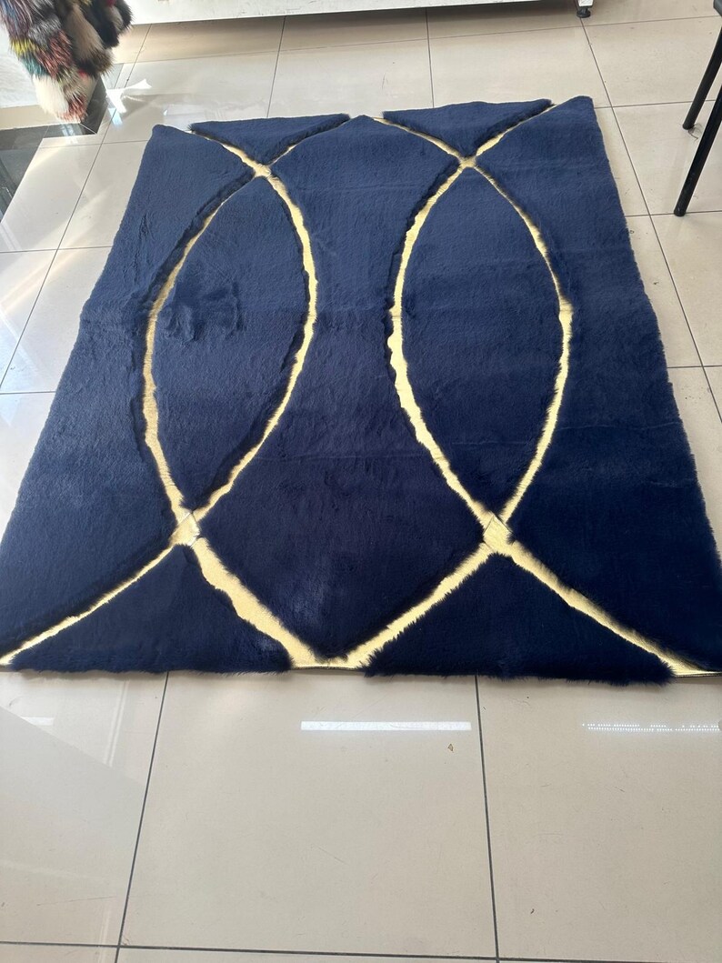 Navy Blue Modern Geometric Plush Area Rug, Faux Fur Unique Soft Living