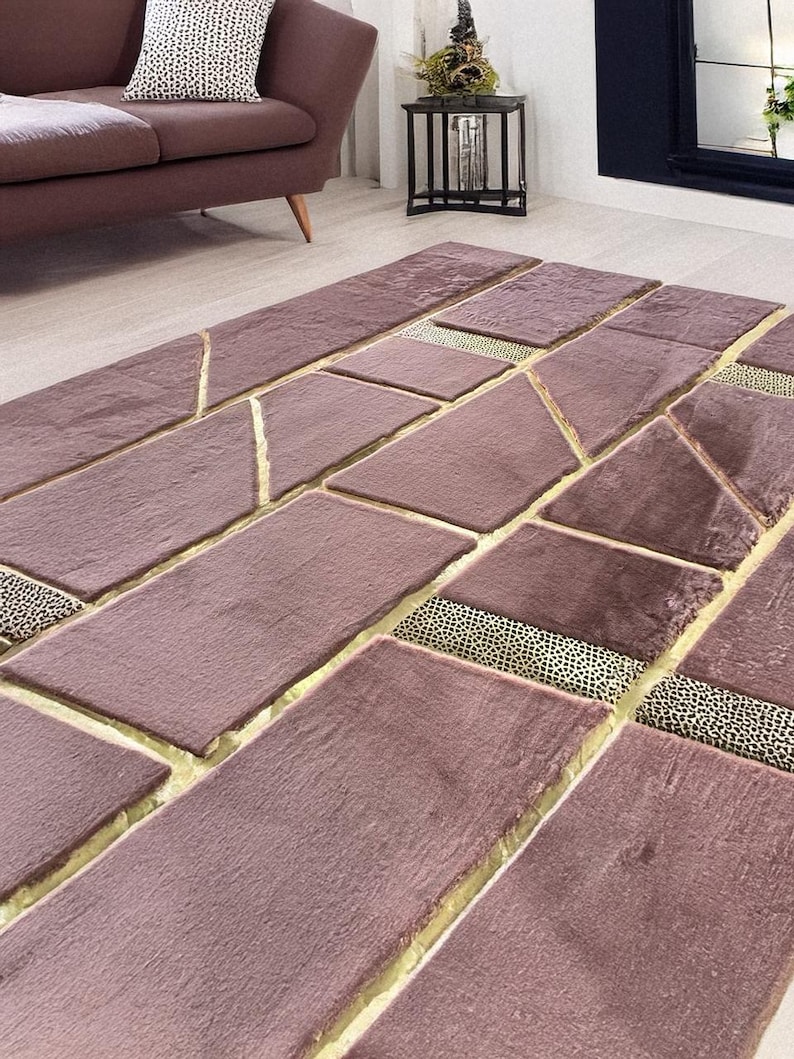 Elegant Luxurious Pink Gold Large Faux Fur Area Hallway Rug, Runner