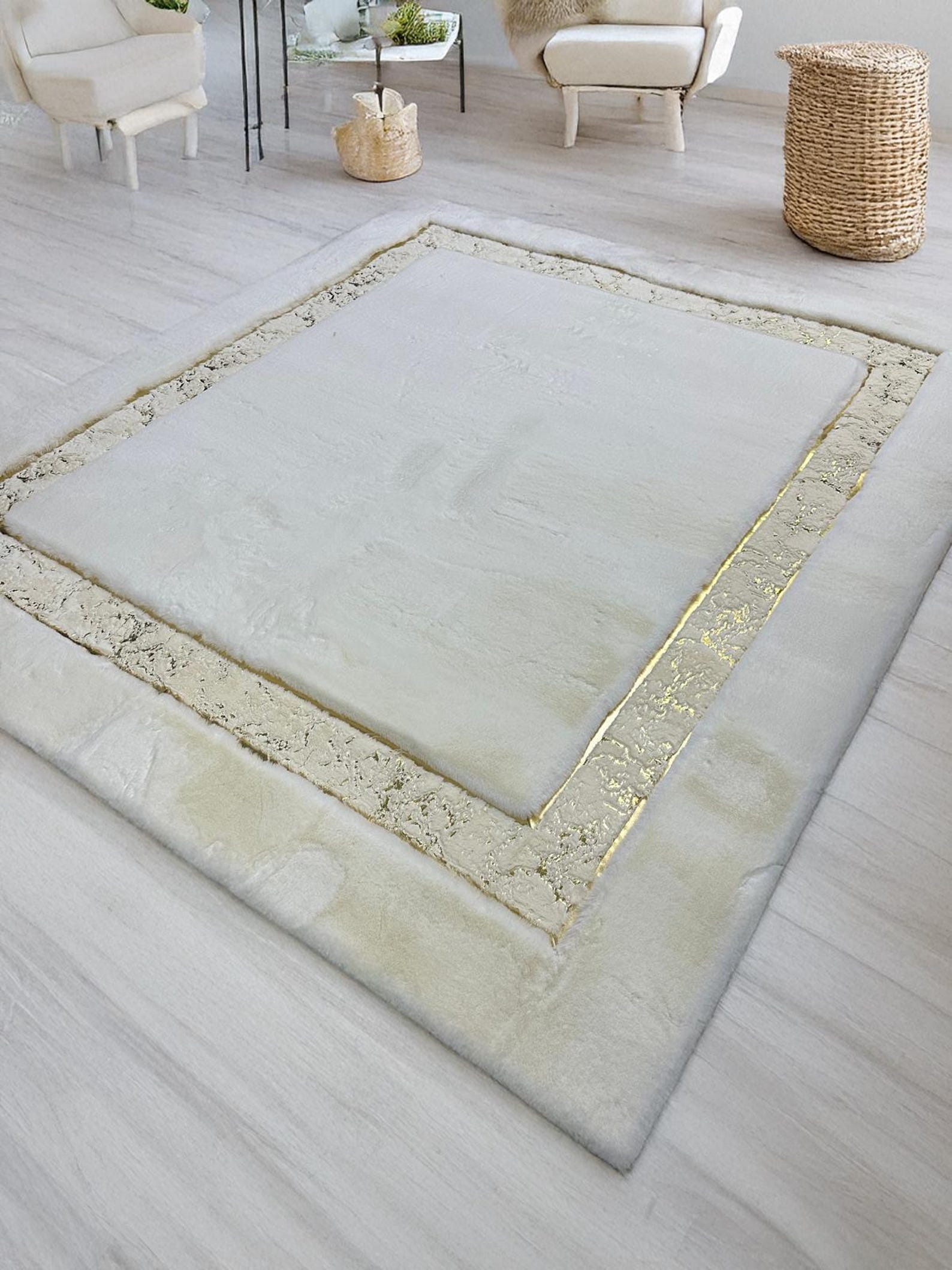 Cozy White Gold Plush Area Faux Fur Soft Rug, Living Room Fluffy Plush ...