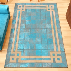High Quality Blue Geometric Cowhide Leather Rug, Floor Square Rug, Hair on Hide Large Area Rug, Patchwork Blue Carpet, Blue Bedroom 8x10 Rug