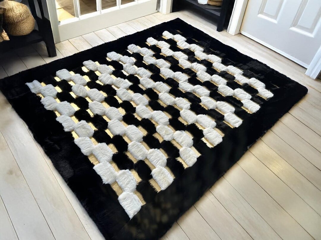 Custom Geometric White Black Gold Plush Area Faux Fur Rug, Living Room 8x10 Large Rug, Modern ...