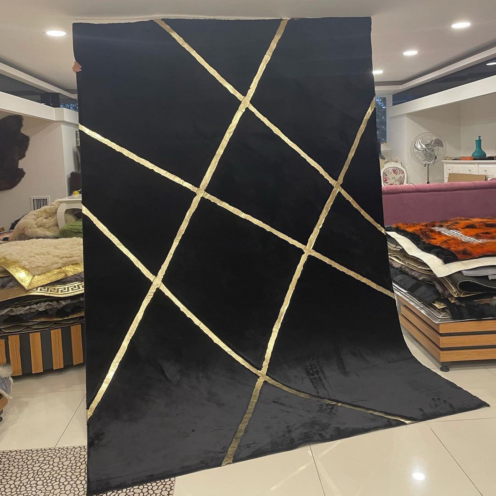 Geometric Plush Area Rug, Faux Leather Rug, Living Room Rug Large ...