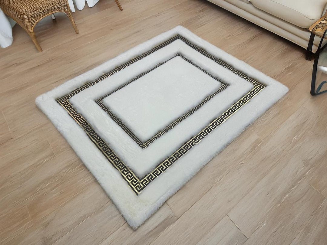 Plush Geometric Area Faux Fur White Gold Rug, Living Room Rug Large ...