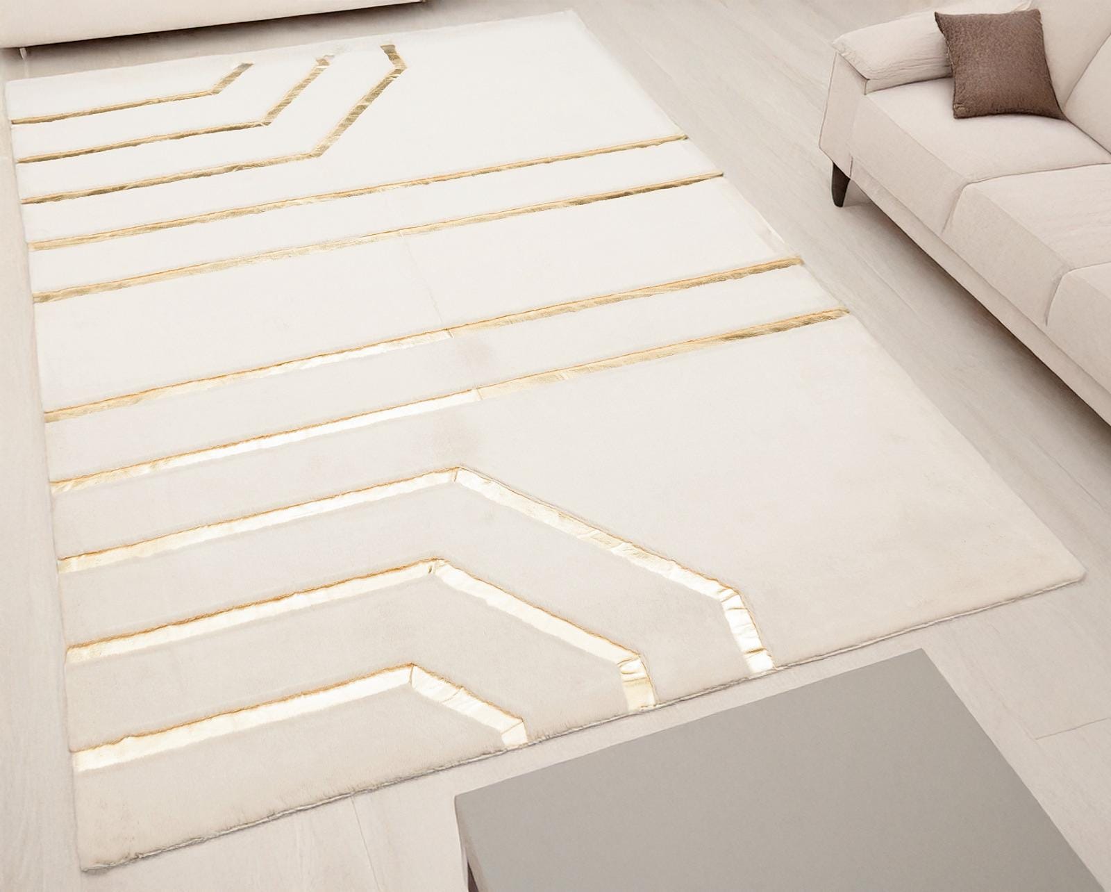 Soft Gold Rug Designer Geometric Faux Fur Plush Area White Gold Rug, Home Decor Faux ...