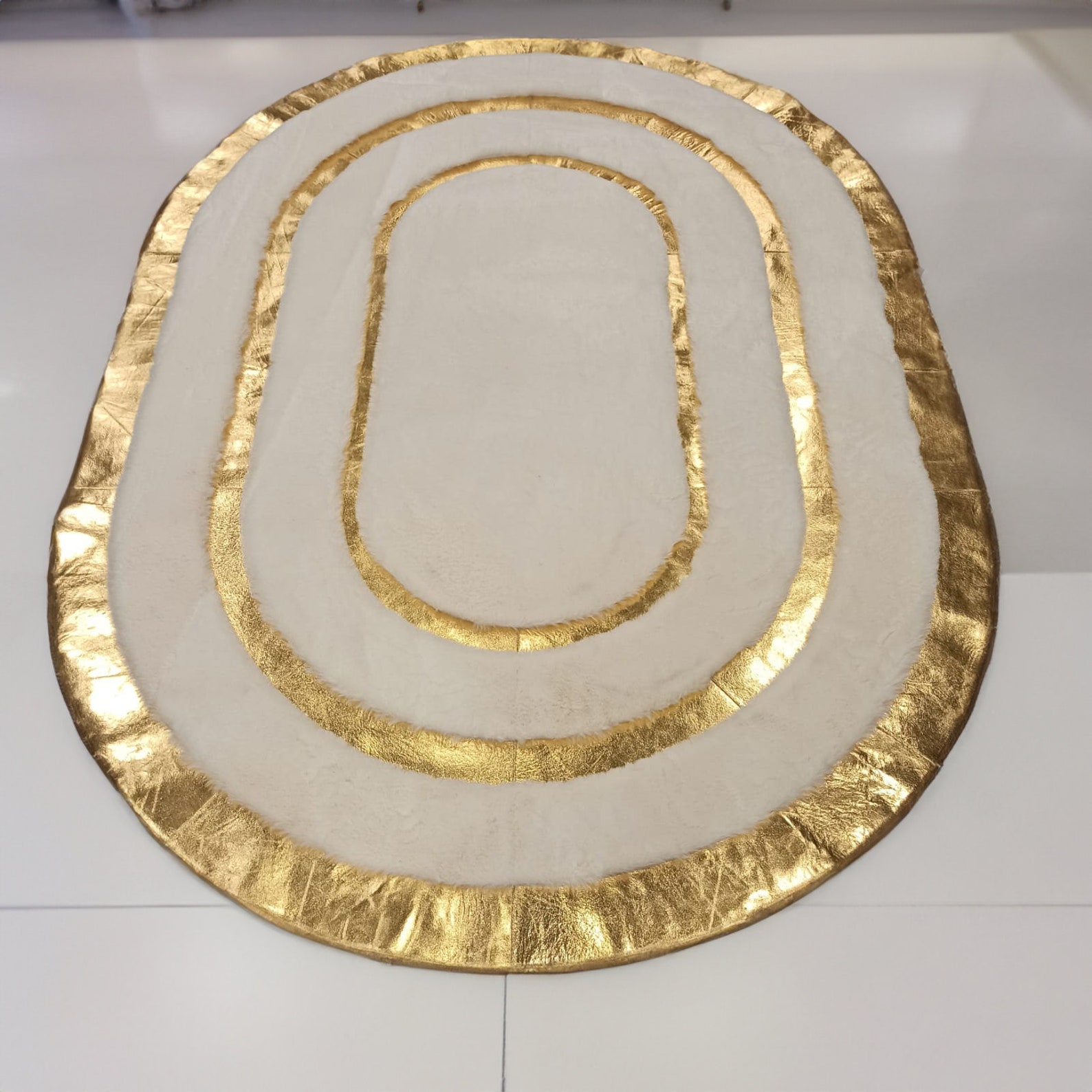 Oval White Gold Plush Luxury Rug, Faux Leather Oval Rug Large, White ...
