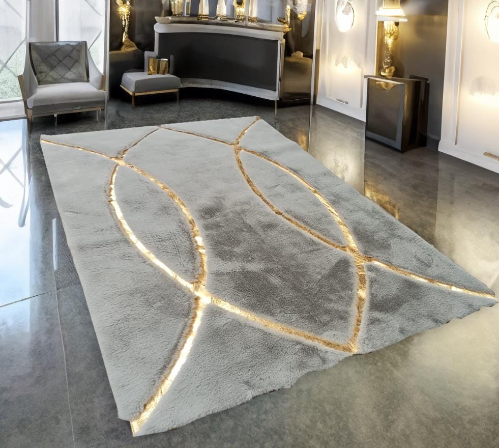 High Quality Geometric Plush Area Gray Gold Rug, Faux Fur Living Room Custom Fluffy Rug, Elegant Plush Rug, Shaggy Luxury Soft Rug