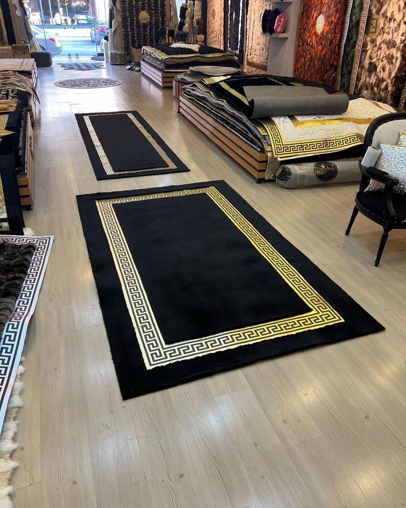 Luxury Black Gold Plush Area Rug, Faux Leather Living Room Rug Large