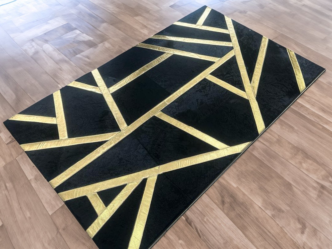Black Gold Leather Luxury Living Room Cowhide Rug, Gold Cowhide Floor ...