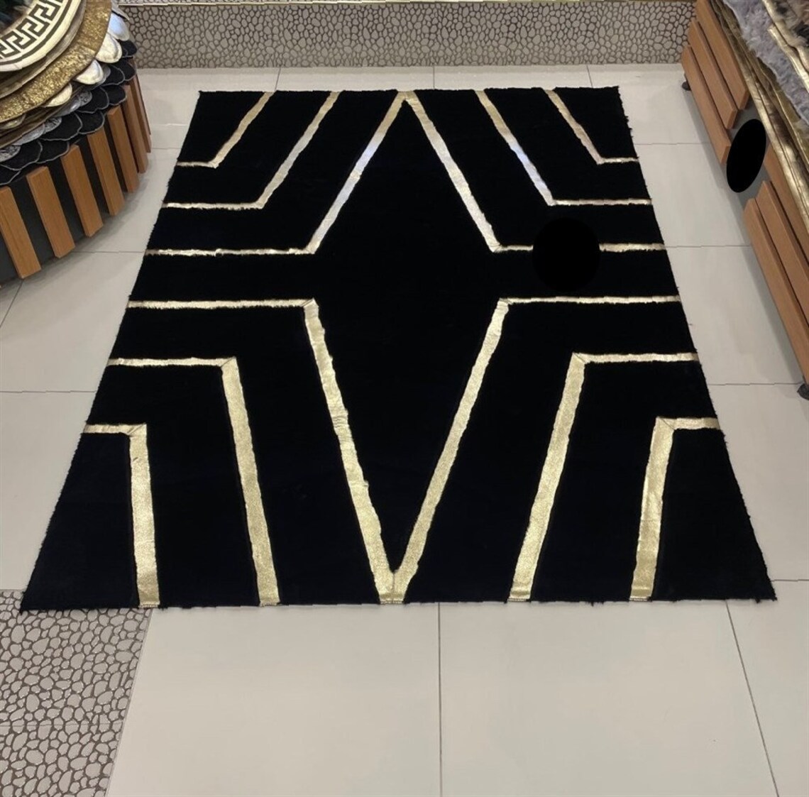 Black Gold Plush Area Rug, Black and Gold Fluffy Rug, Living Room Rug