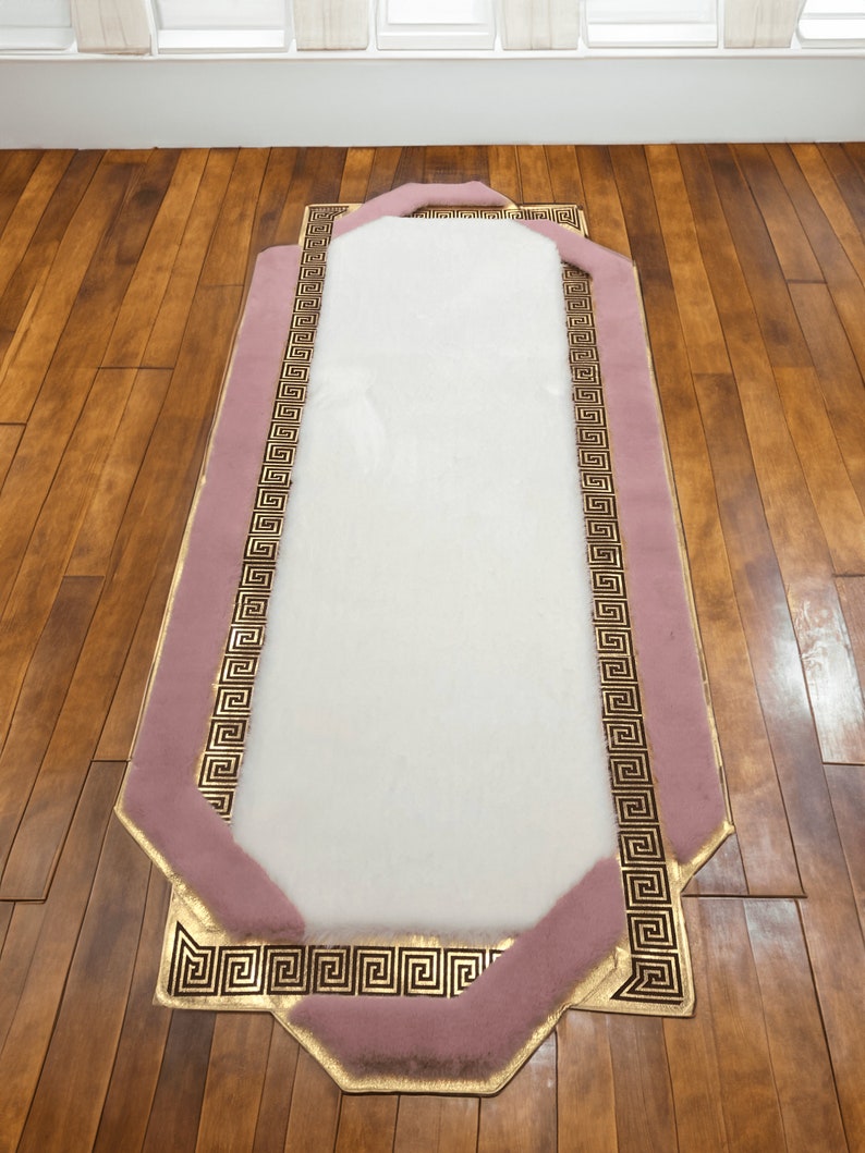 Geometric Plush Area Pink White Faux Fur Rug, Runner Hallway 2x6