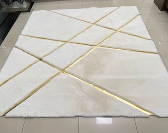 Geometric Plush Area White Rug, Faux Leather Living Room Rug Large, White and Gold Fluffy Rug, White Plush Rug, Shaggy Rug, Luxury Soft Rug