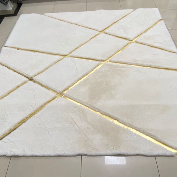 Alfombra blanca de área de felpa geométrica, alfombra de salón de piel sintética grande, alfombra esponjosa blanca y dorada, alfombra de felpa blanca, alfombra peluda, alfombra suave de lujo