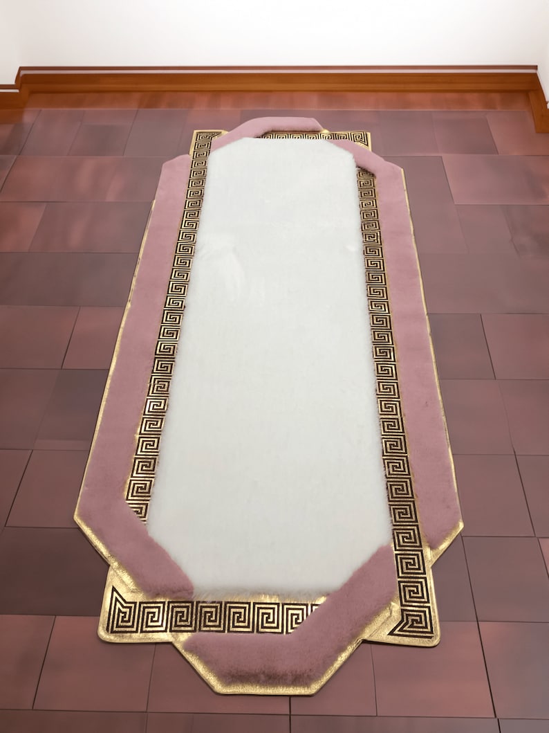 Geometric Plush Area Pink White Faux Fur Rug, Runner Hallway 2x6