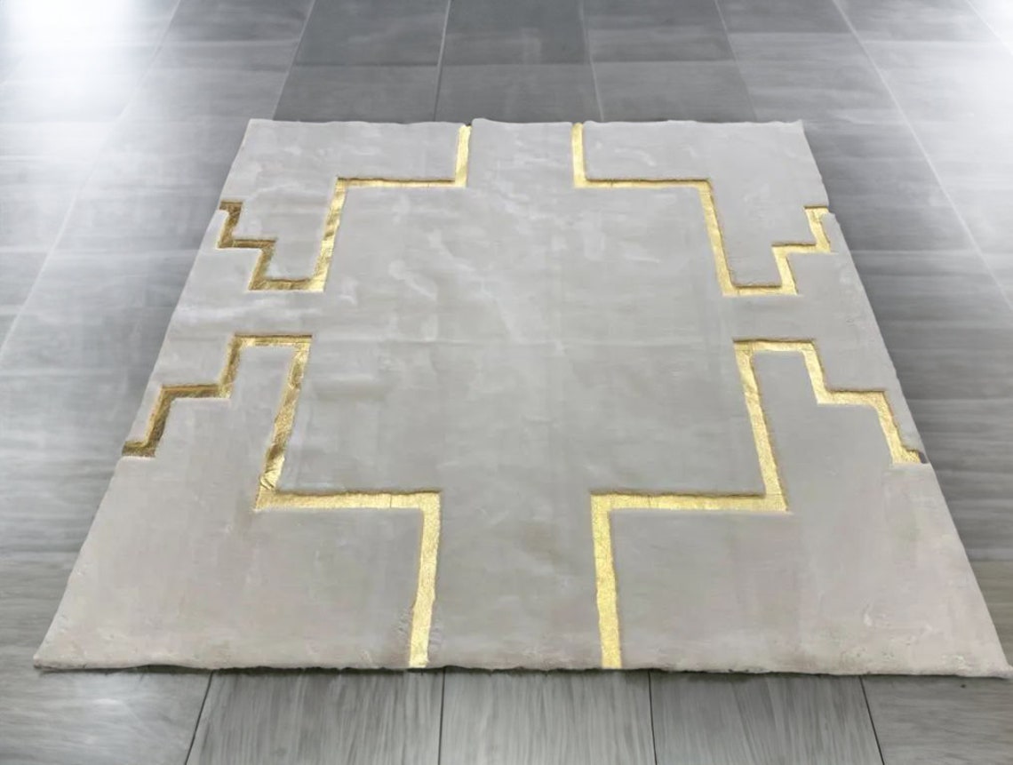 Geometric Plush Area Rug, Faux Leather Living Room Rug Large, White and ...
