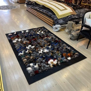 Multicolor Fur Wool Throw Shag Rug, Fluffy Modern Area Rug, Colorful Fur Leather Rug, Luxury Fur Office Carpet, Throw Rug, Soft Non-Slip Rug