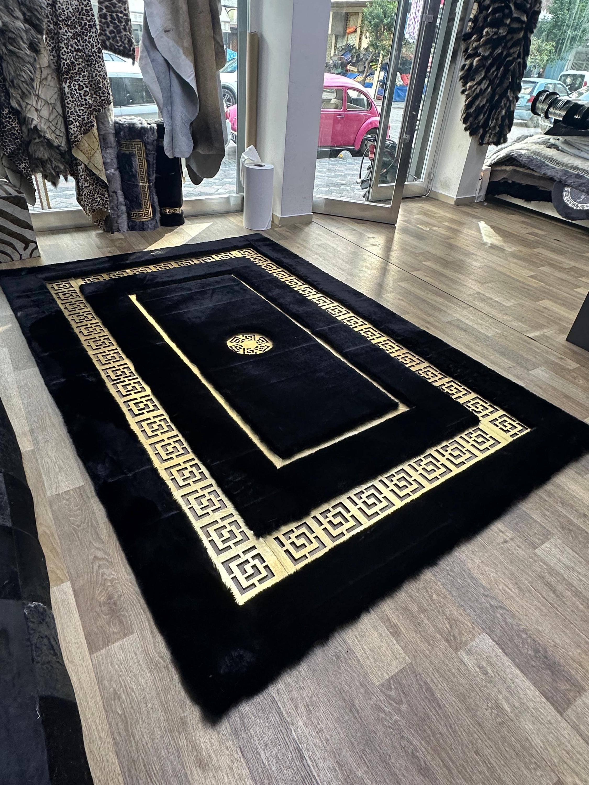 Geometric Plush Luxury Area Black Rug, Faux Leather Living Room