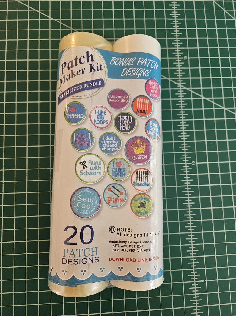 May include: A Patch Maker Kit stabiliser bundle featuring 20 patch designs with various sewing-themed phrases and graphics. The packaging includes a note that all designs fit 4 inches by 4 inches and lists compatible embroidery design file formats.