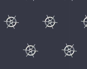 May include: A seamless pattern of white ship steering wheels on a dark blue background.