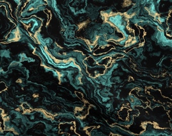 May include: Abstract seamless pattern with swirling teal and gold marble texture. The background is black.