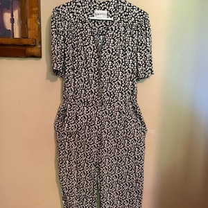 Vintage 90s Floral Jumpsuit | S.L. Petites Size 14P | Black Button Front One Piece with Pockets | Cottagecore Boho Romper | Rayon Jumpsuit