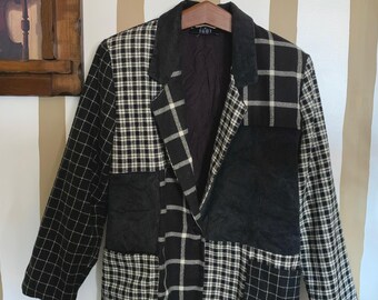 Vintage Patchwork Blazer | Black & White Mixed Plaid Jacket | Made in USA | Size Medium
