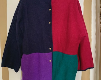 Vintage 100% Wool Colorblock Sweater Coat | Quissett Cove | Gold Button Cardigan Jacket | Large | 80s