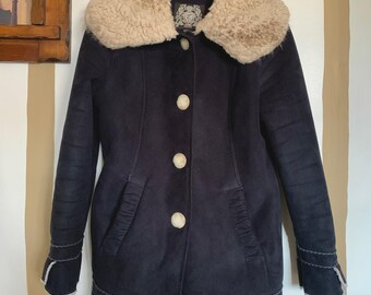 Navy Blue Esprit Faux Shearling Lined Coat | Winter Jacket with Teddy Collar | Size M