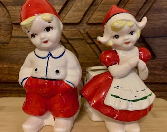 Mid Century Kreiss Boy Girl Planter Set Ceramic Red White Vintage