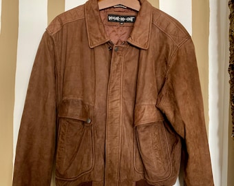 Giubbotto bomber vintage in vera pelle marrone anni '90 / Oversize grunge anni '90 / Taglia 44