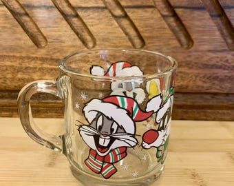 1994 Warner Bros Looney Tunes Christmas Glass Mug Bugs Bunny Tweety Sylvester