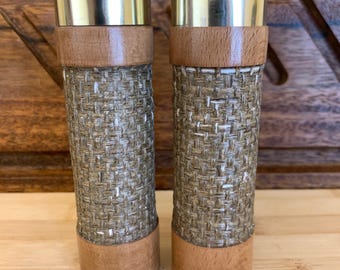 Vintage Mid Century Tiki Salt & Pepper Shakers with Wood, Brass, Rattan Woven Sleeve, Loueco