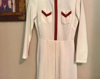 1960s Mod Knit Dress | Cream A-Line with Rust Trim, Size 10