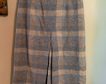 Vintage Plaid Wool Blend Pencil Skirt – Gray Tan Tweed, Midi Length