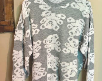Vintage Teddy Bear Sweater – Gray Knit 90s Style, M/L