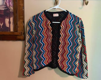 Vintage 80s Colorful Zig-Zag Knit Cropped Cardigan |  Rioli Original | Multicolor Chevron Knit Sweater | Large