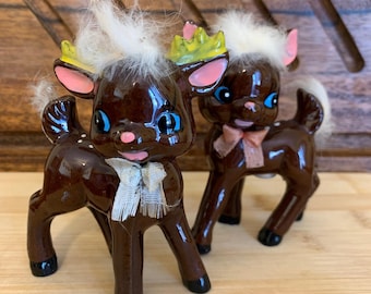 Vintage Mid Century Deer Salt Pepper Shakers Set - Japan Ceramic Fawn Figurines