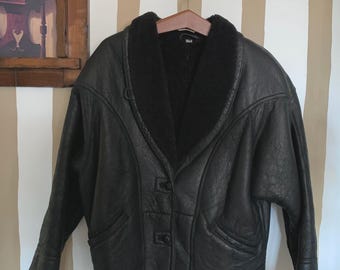 Vintage Black Leather Shearling Coat  Winter Outerwear - Size M