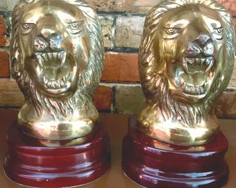 Cast Brass Lion Head Bookends Set, Korea 1991, Heavy, Vintage, Rare & Unique