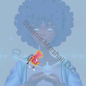 May include: A digital illustration of a woman with an afro hairstyle, wearing a blue robe and holding a pink throne in her hands. The text "Stefanie Marshall LLC" is written in a diagonal line on the right side of the image.